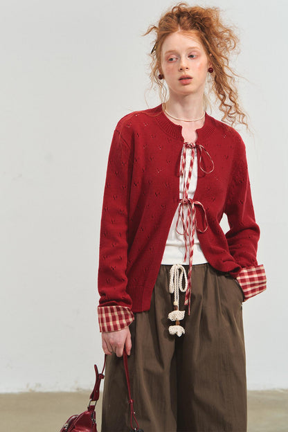 Vintage Plaid Lace-Up Cardigan