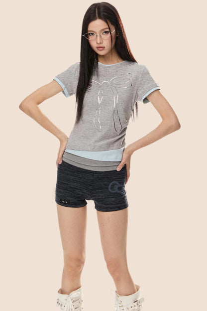 EZEK 아메리칸 3D 활 프린트 반팔 티셔츠 여성 여름 신상 베이비 주름 가짜 투피스 탑 타이드 