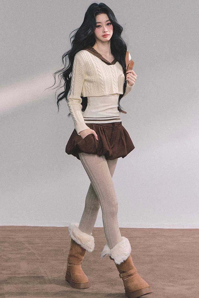 Navy Knitted Sweater Womens Top Set