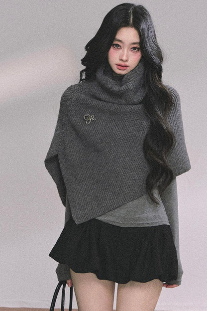Lightweight Knit Shawl Turtleneck Sweater Set