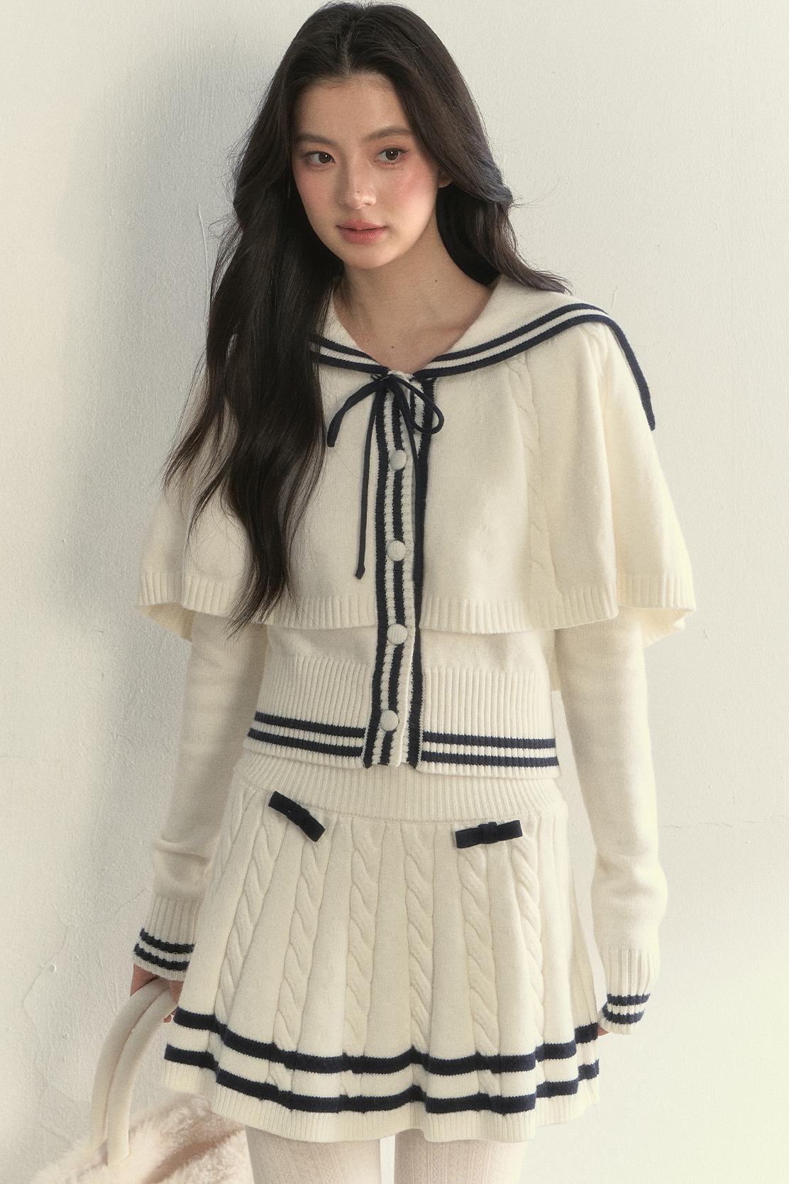 Vintage Navy Twist-Knit Cape Sweater Skirt Set-Up