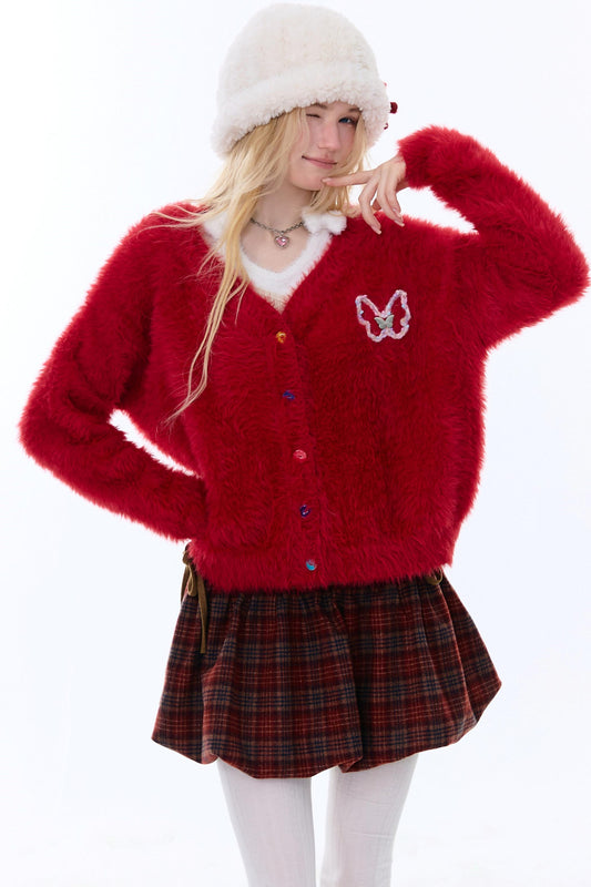 American-Style Red Cardigan Sweater