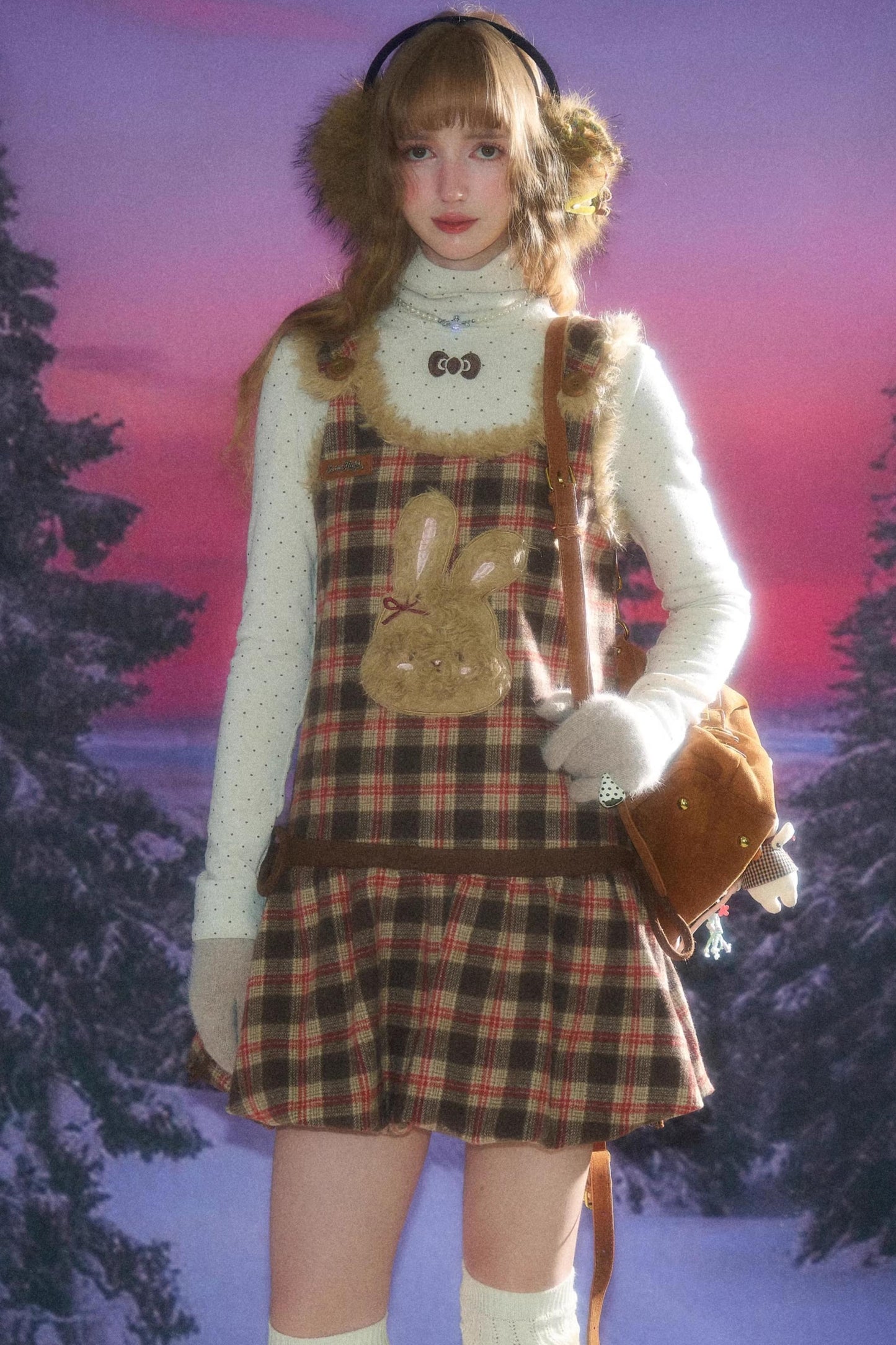 Autumn Reddish-Brown Plaid Rabbit Pocket Vest Dress