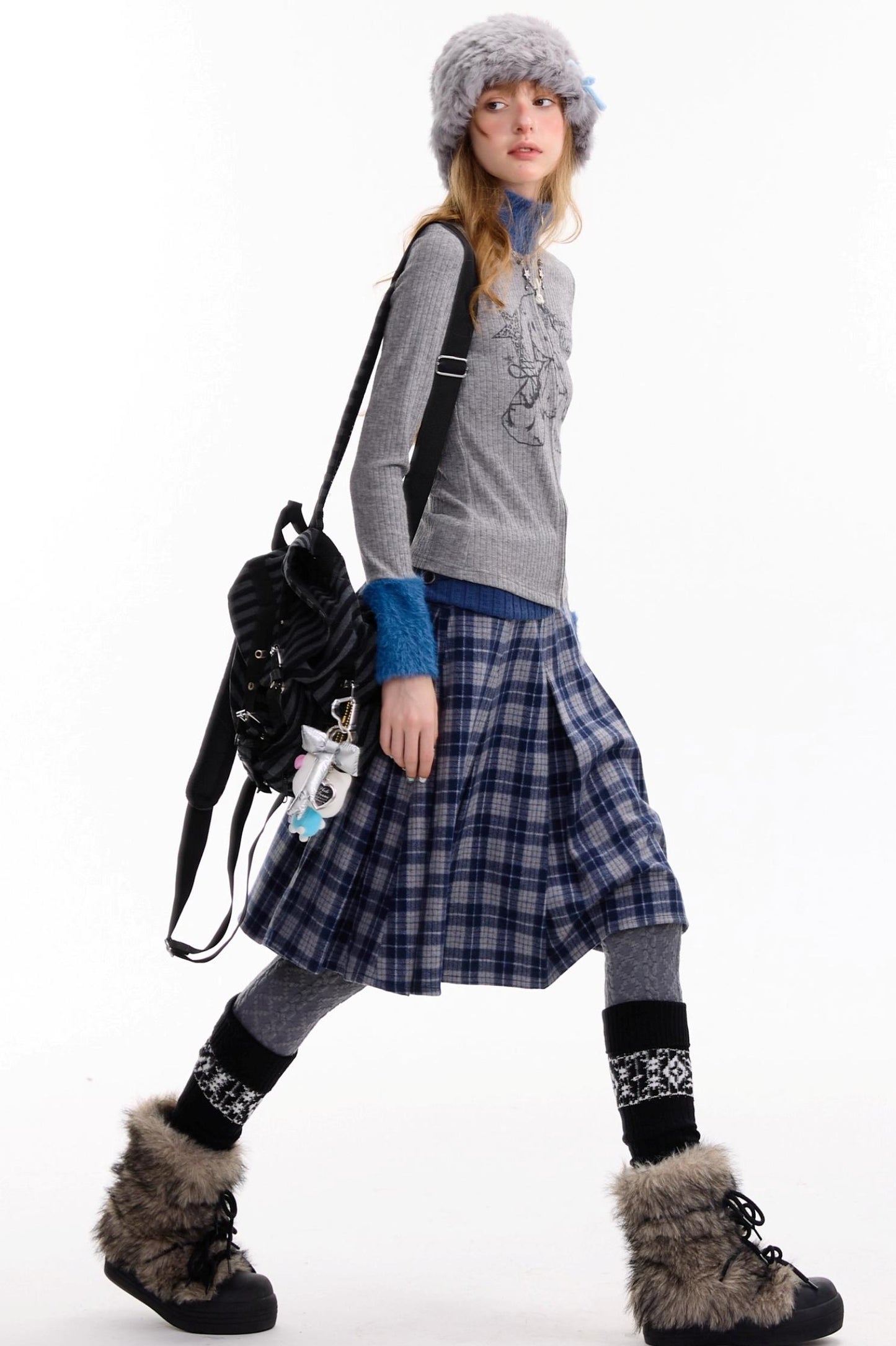 Fur Collar Zipper Rabbit Print Turtleneck Knitted Top