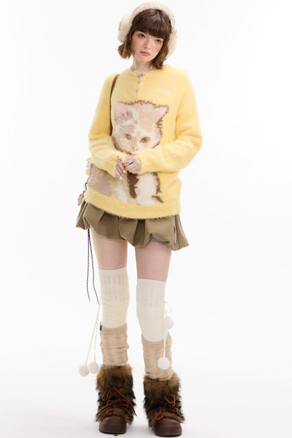 Yellow Cat Print Sweater