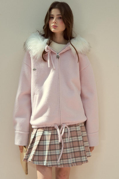 Pink Plaid Wool Pleated Skirt