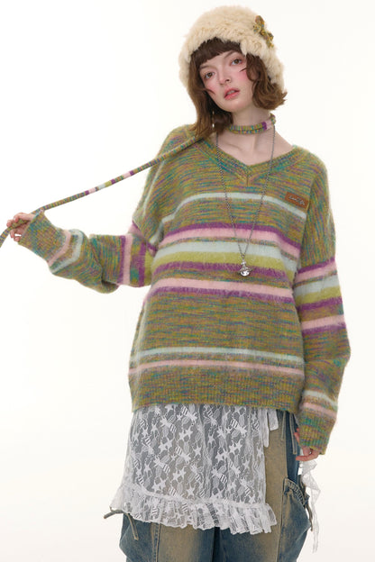 Autumn Winter Color-Blocking Striped V-Neck Sweater