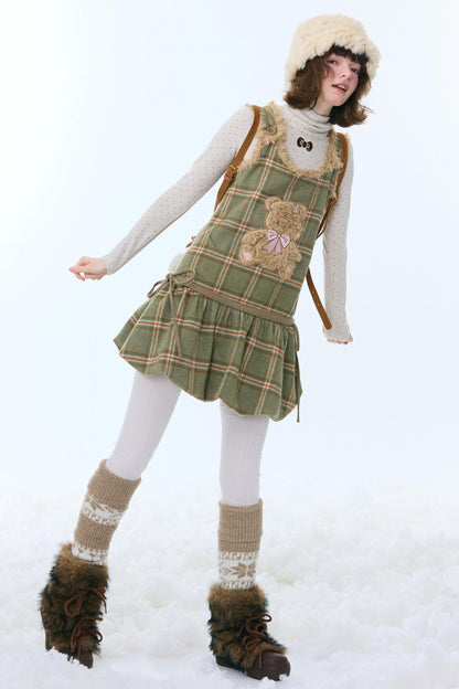 Green Plaid Teddy Vest Dress