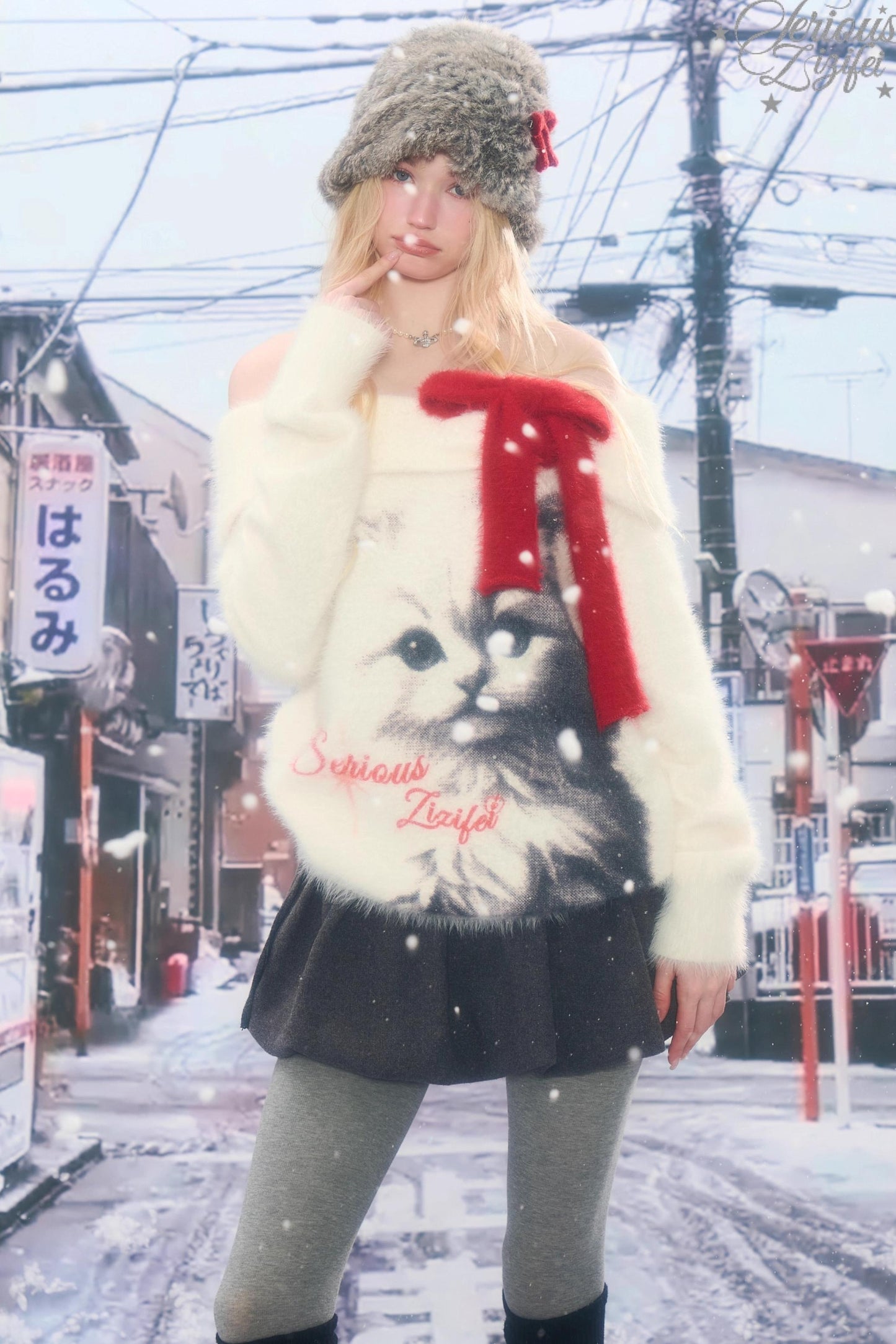 Cat Print Off-Shoulder Sweater