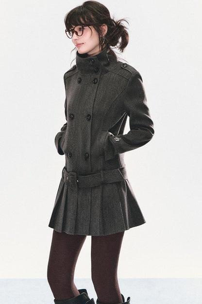 Stand Collar Pleated Coat Dress