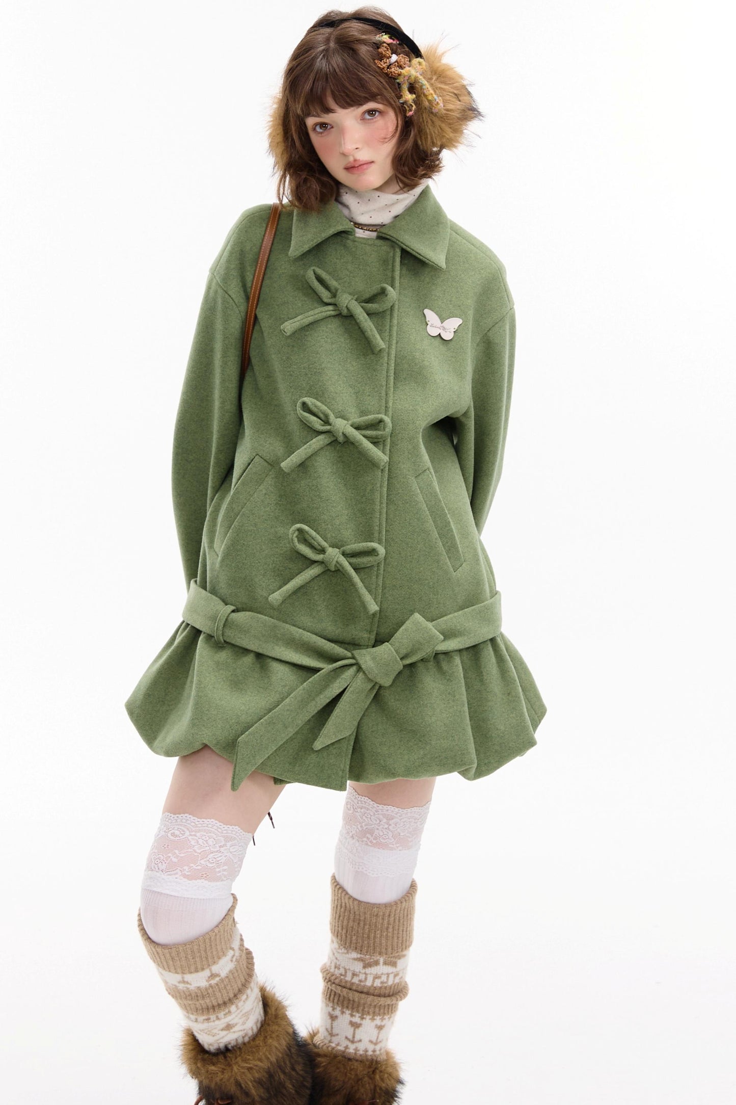 American Retro Bow Pocket Woolen Coat