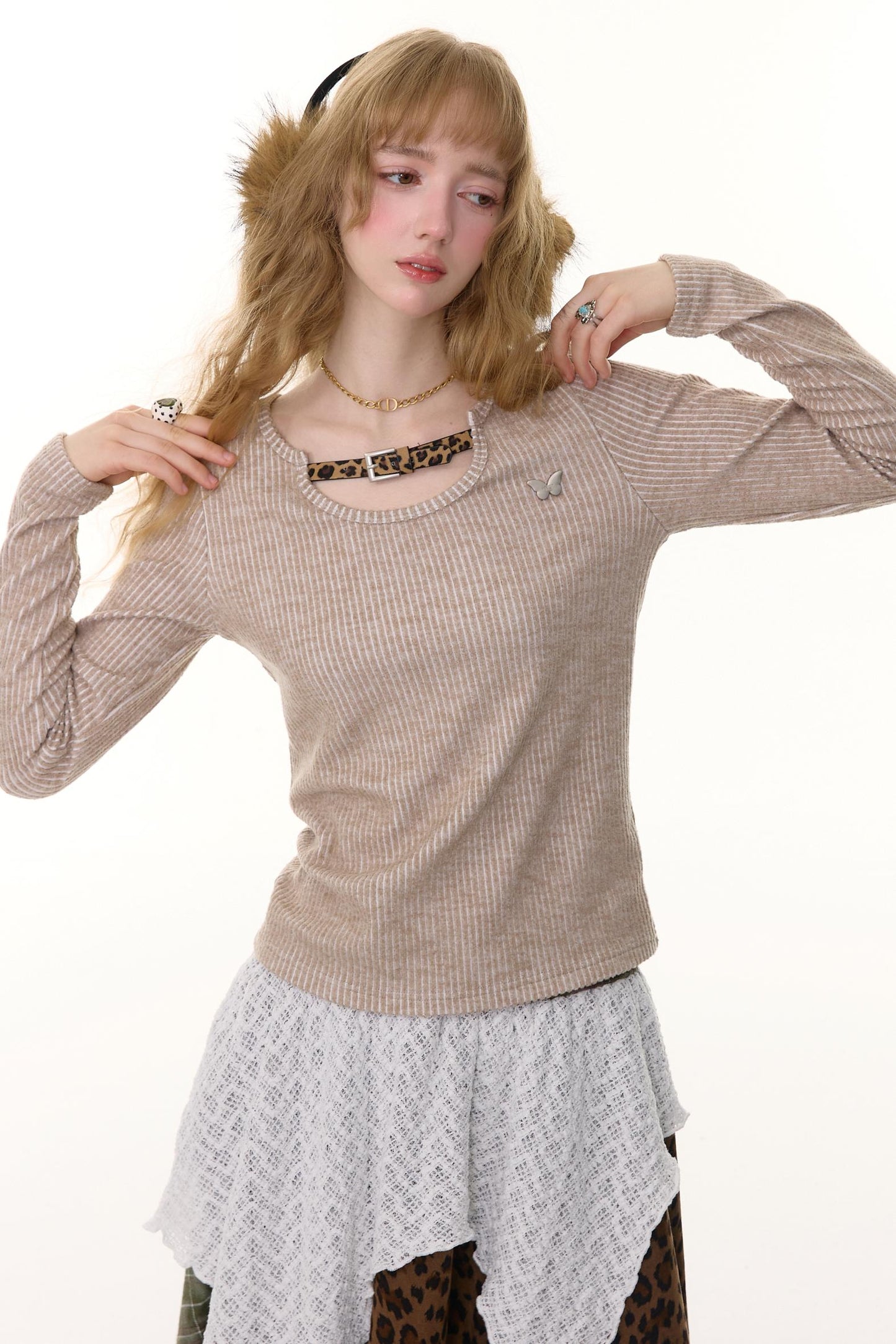 Design Leopard Print Long Sleeve Knit Shirt