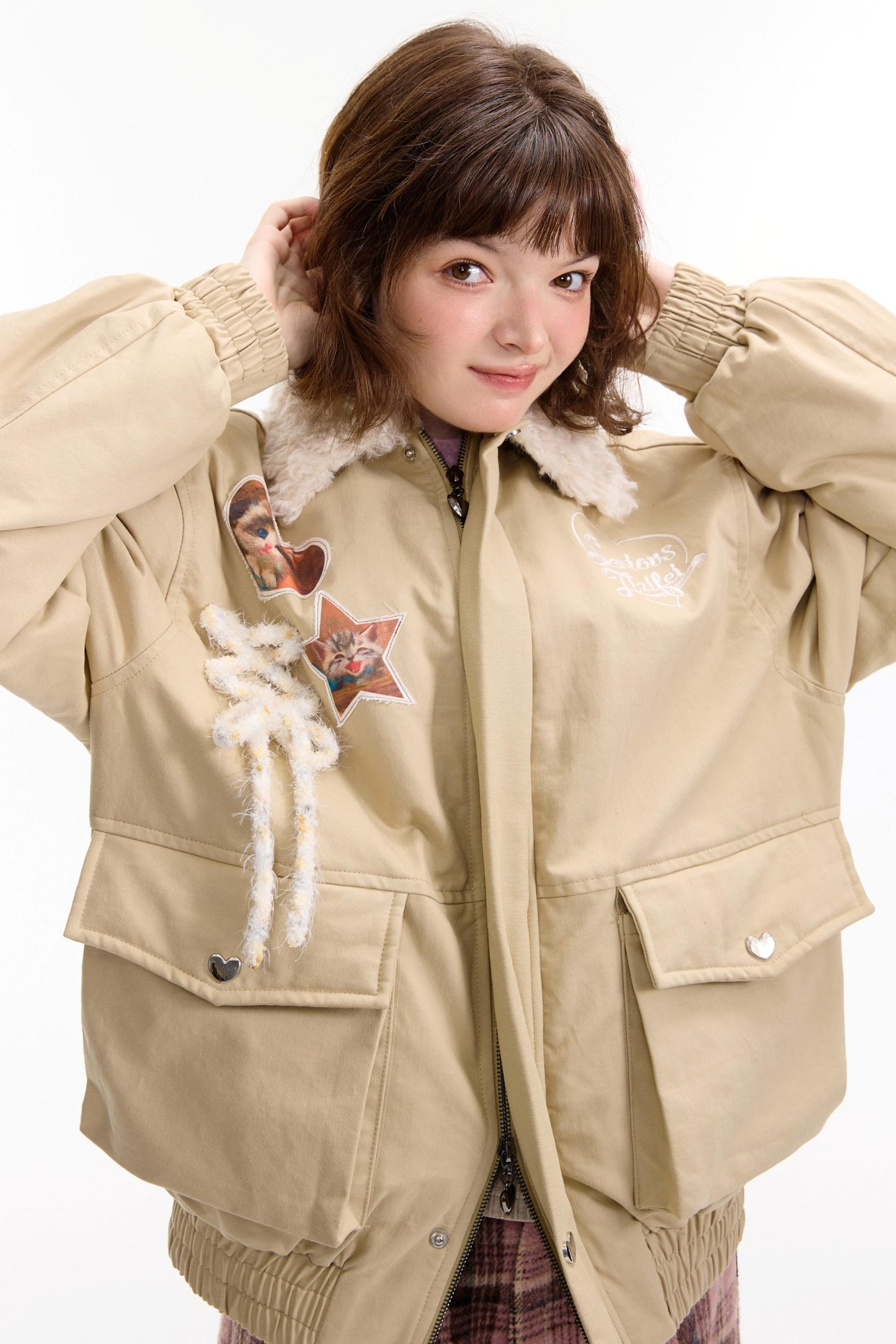 Cat Pattern Workwear Style Slimming Cotton Jacket
