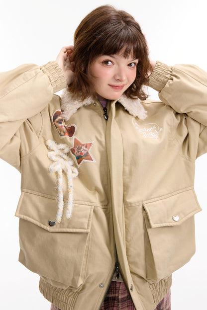 Cat Pattern Workwear Style Slimming Cotton Jacket