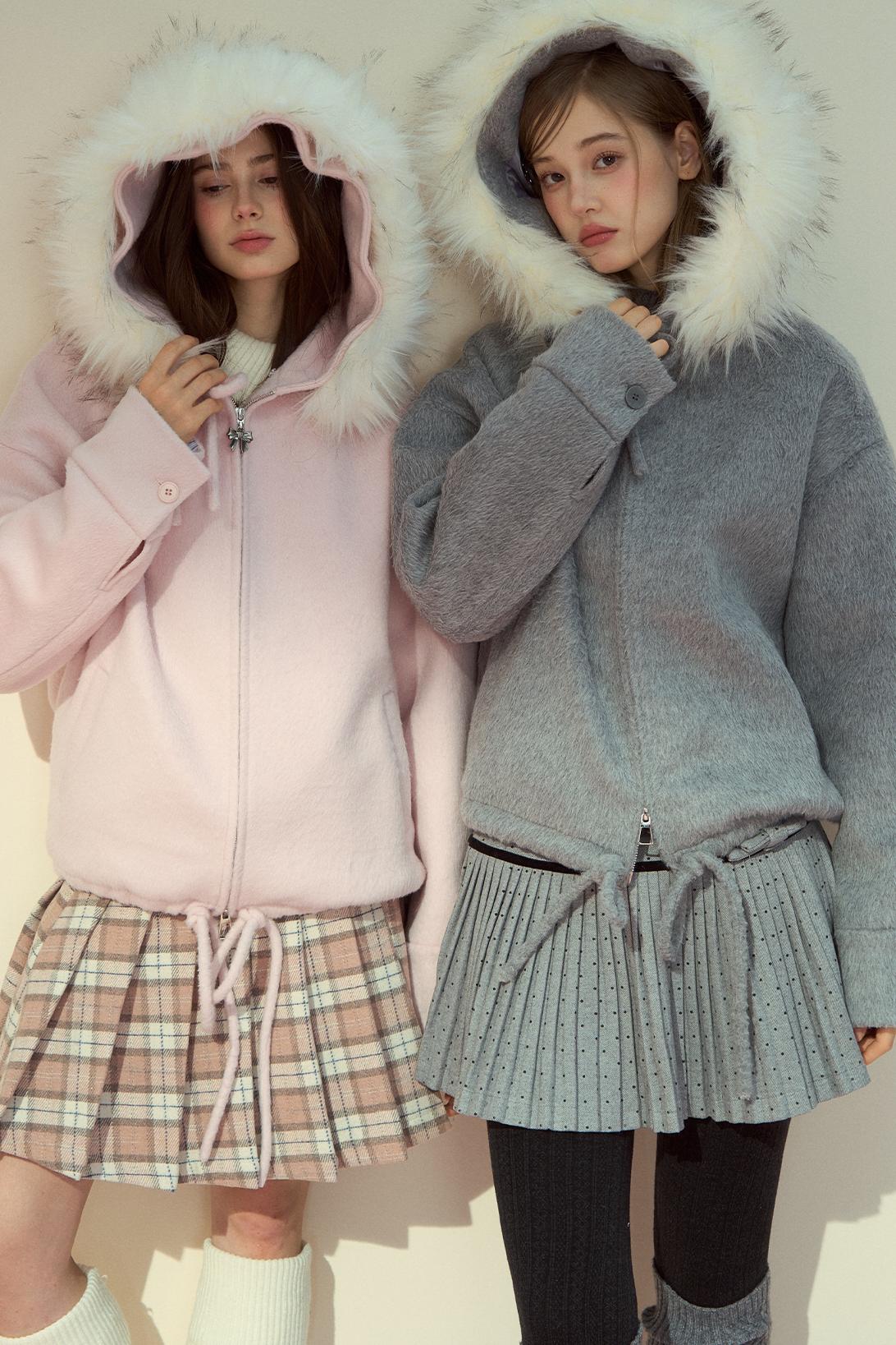 Gray Pink Wool Fur Collar Jacket