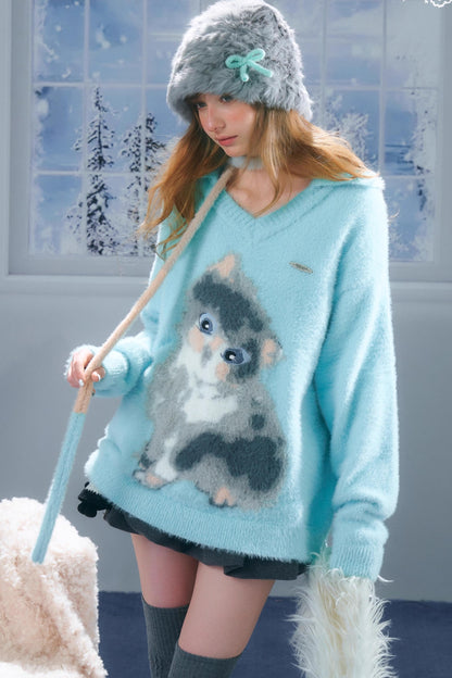Cat Print V-Neck Polo Light Blue Sweater