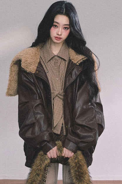 Autumn Navy Lambswool Leather Jacket