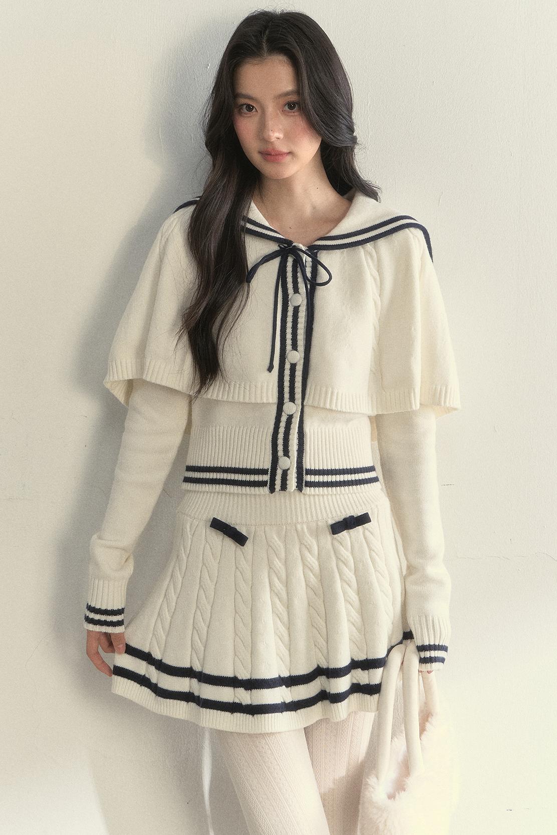 Vintage Navy Twist-Knit Cape Sweater Skirt Set-Up