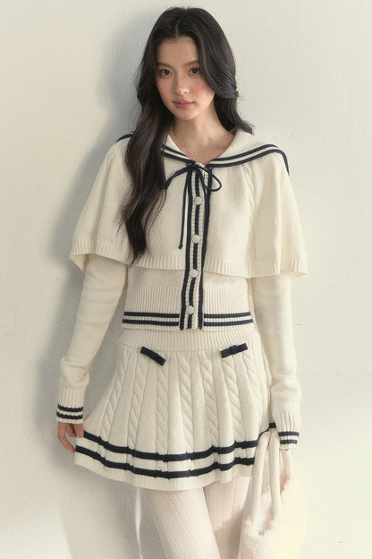 Vintage Navy Twist-Knit Cape Sweater Skirt Set-Up
