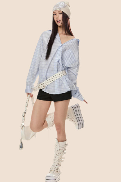 EZEK 아메리칸 레트로 더블 칼라 체크 셔츠 여성용 루즈 슬림 셔츠 재킷 봄 신상 트렌디 브랜드 