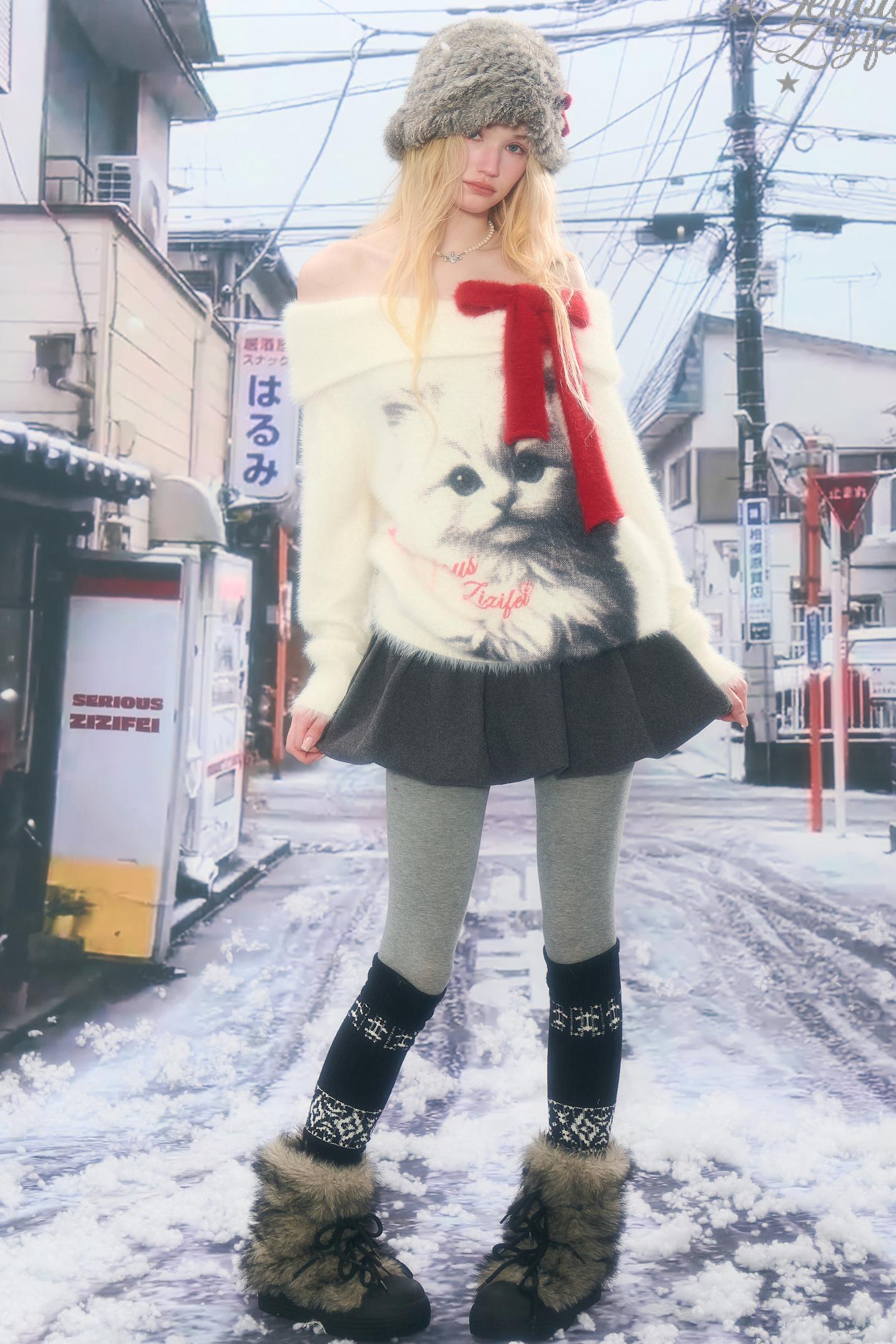 Cat Print Off-Shoulder Sweater