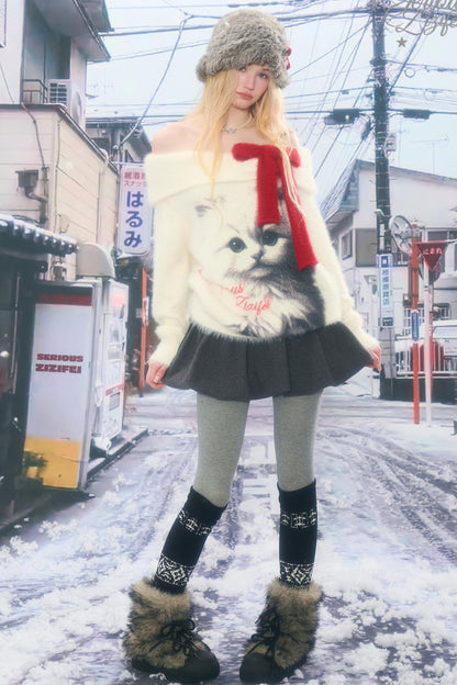 Cat Print Off-Shoulder Sweater