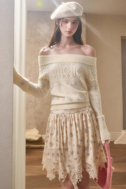 Waxy Cotton Sweater And Floral Skirt Set-Up