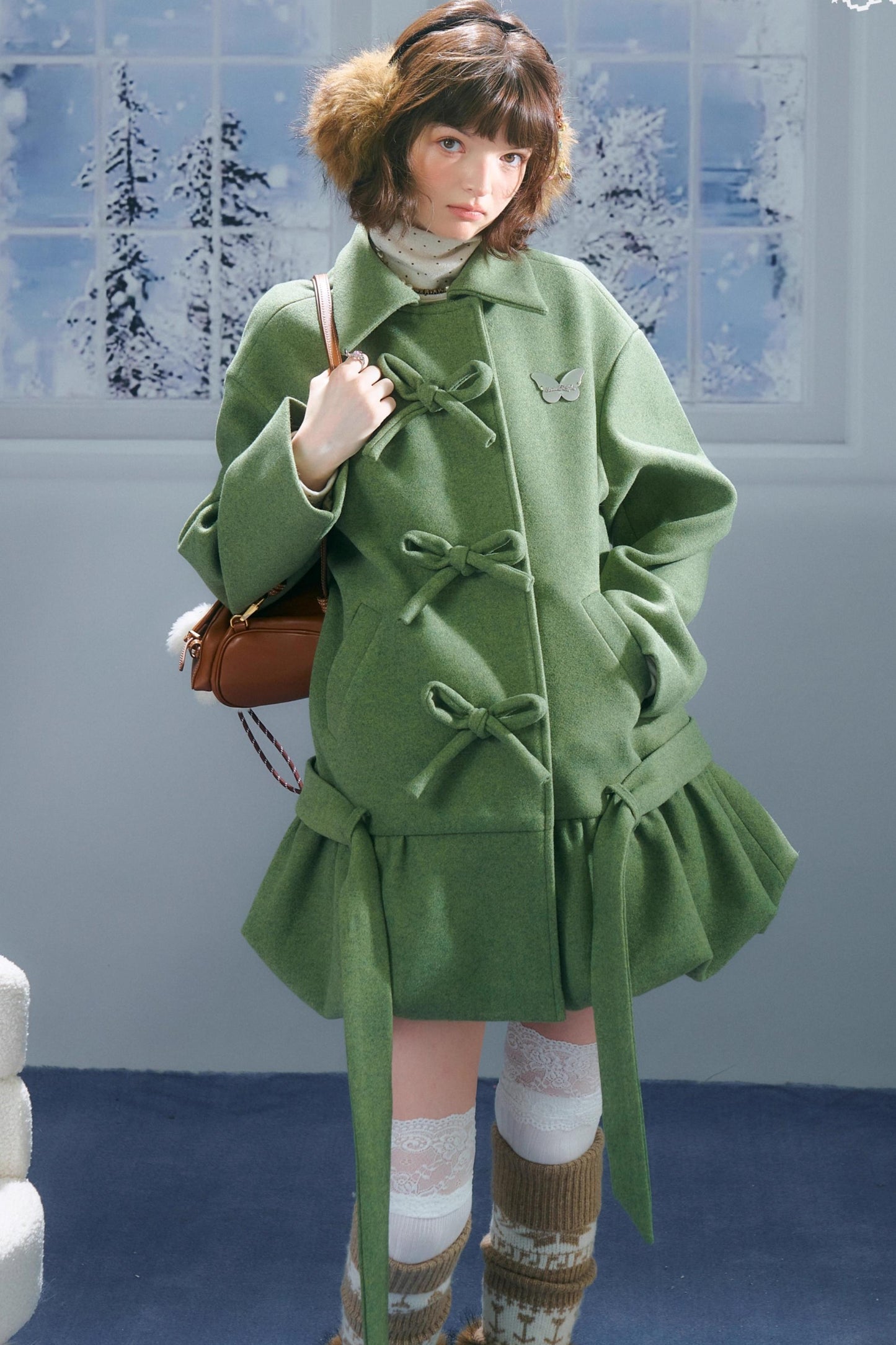 American Retro Bow Pocket Woolen Coat