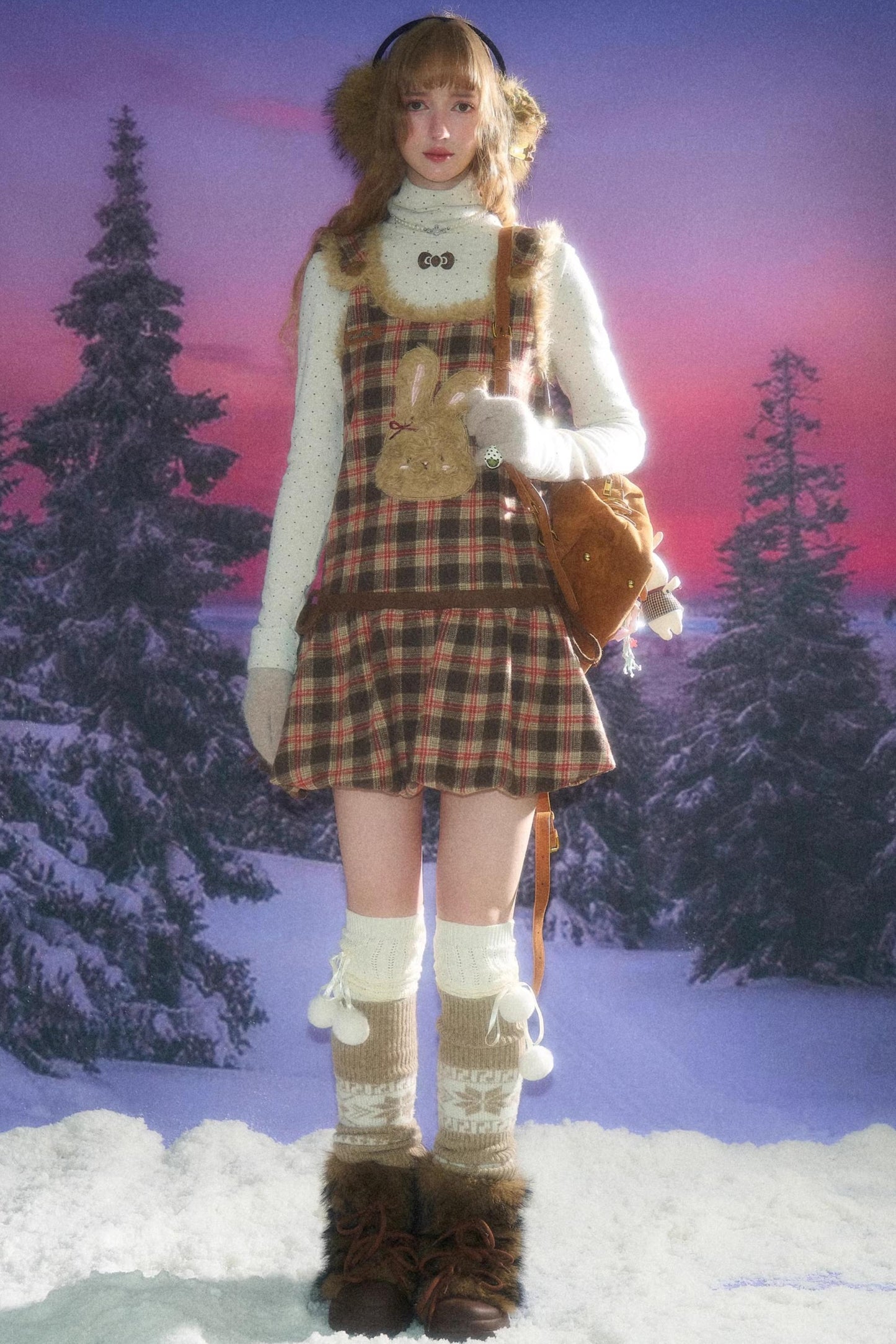 Autumn Reddish-Brown Plaid Rabbit Pocket Vest Dress