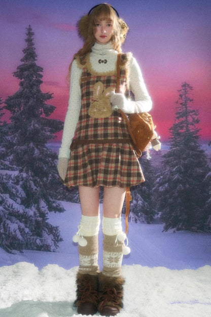 Autumn Reddish-Brown Plaid Rabbit Pocket Vest Dress