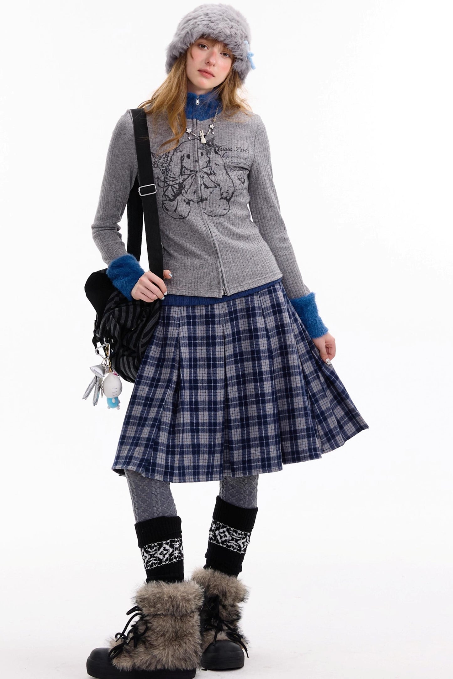 Fur Collar Zipper Rabbit Print Turtleneck Knitted Top