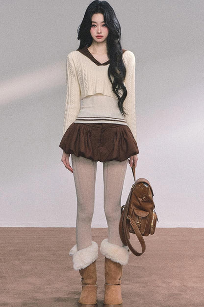 Navy Knitted Sweater Womens Top Set