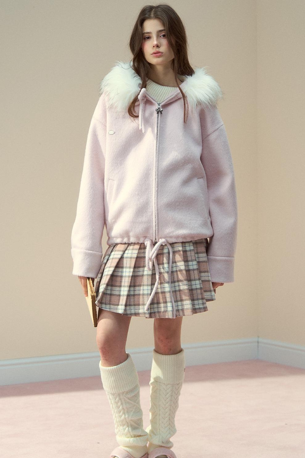 Gray Pink Wool Fur Collar Jacket