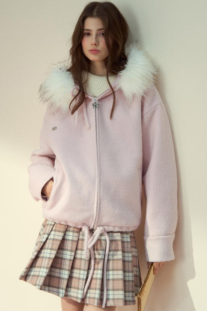 Pink Plaid Wool Pleated Skirt