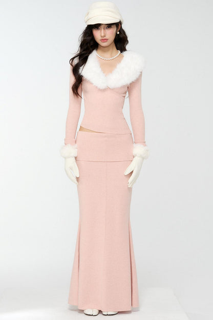 Pink Fur Collar Sweater With Fur Collar Set-Up
