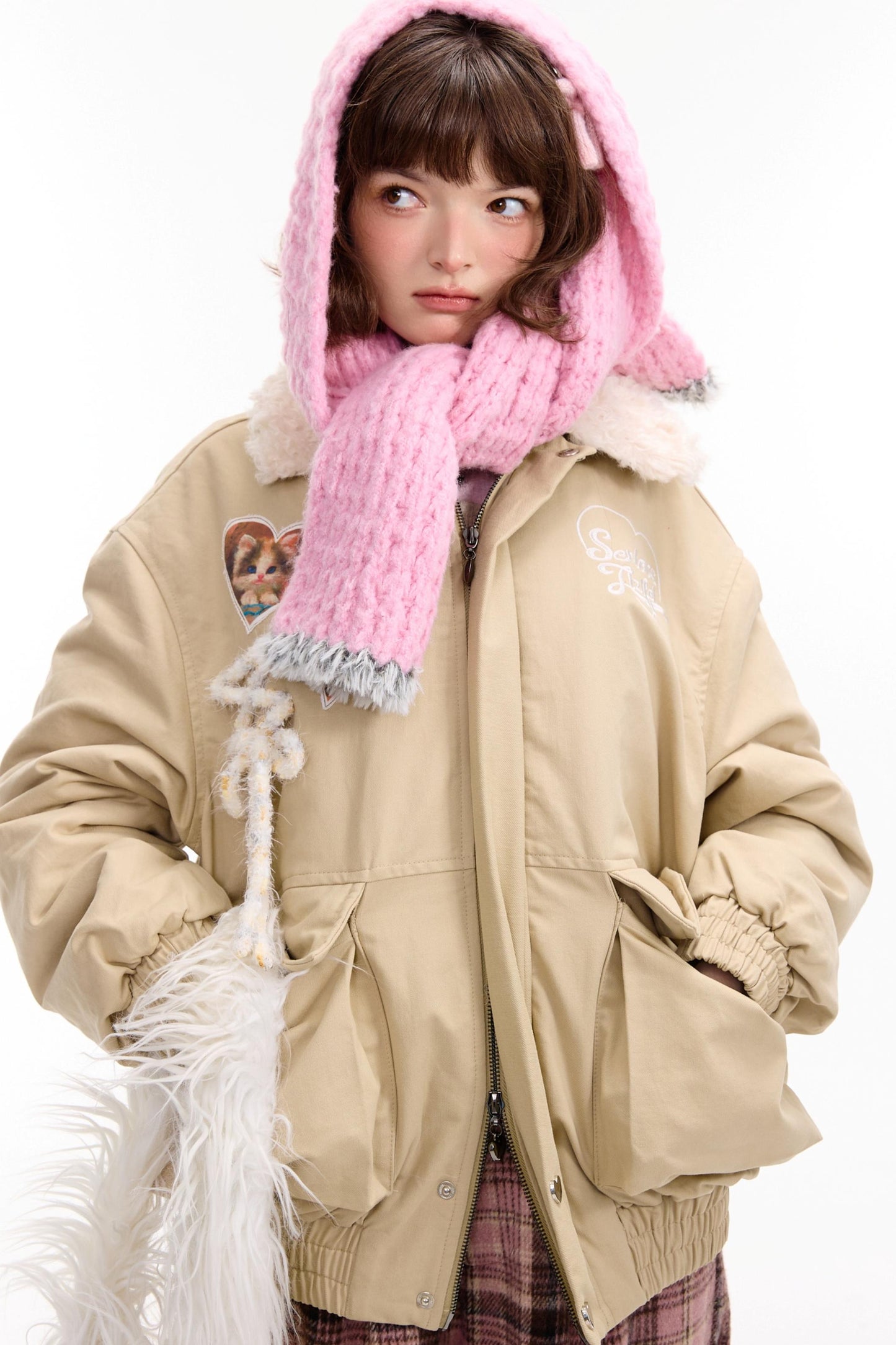 Cat Pattern Workwear Style Slimming Cotton Jacket