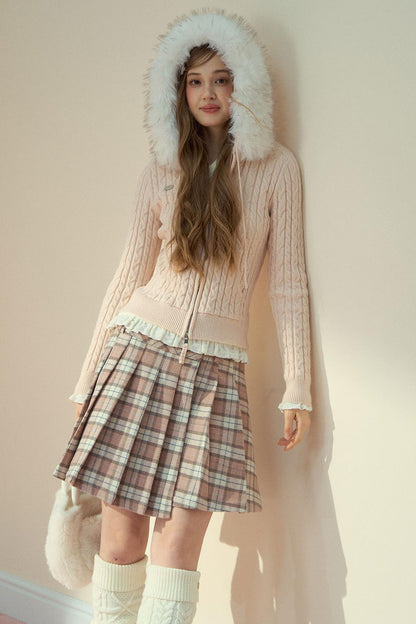 Milk Powder Fur Collar Knit Jacket