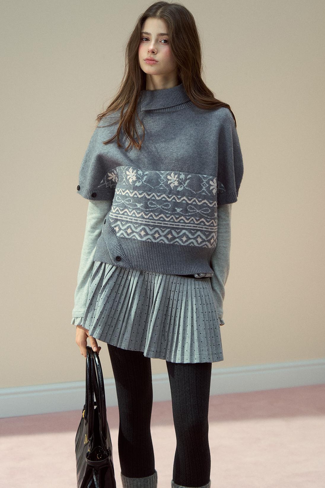 Gray Wool Polka Dot Pleated Skirt