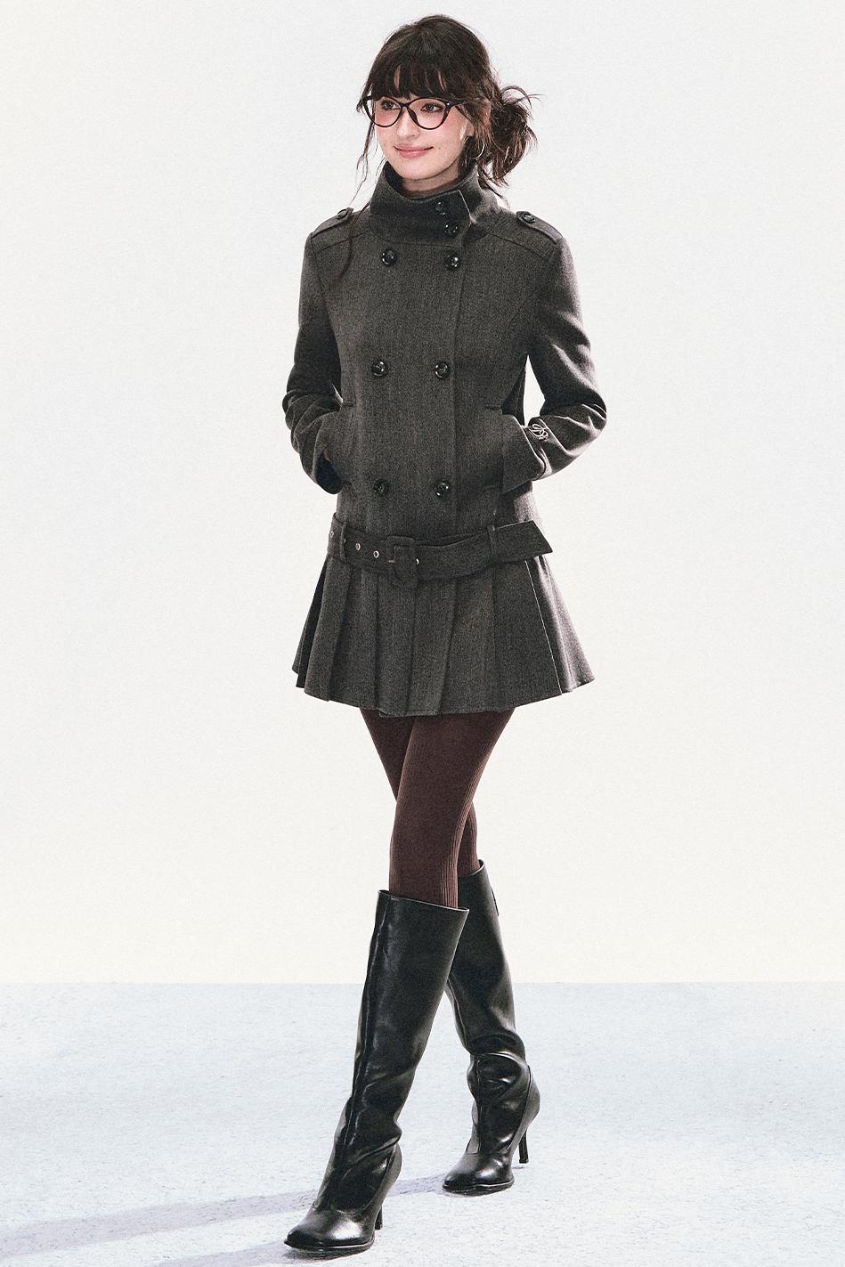 Stand Collar Pleated Coat Dress