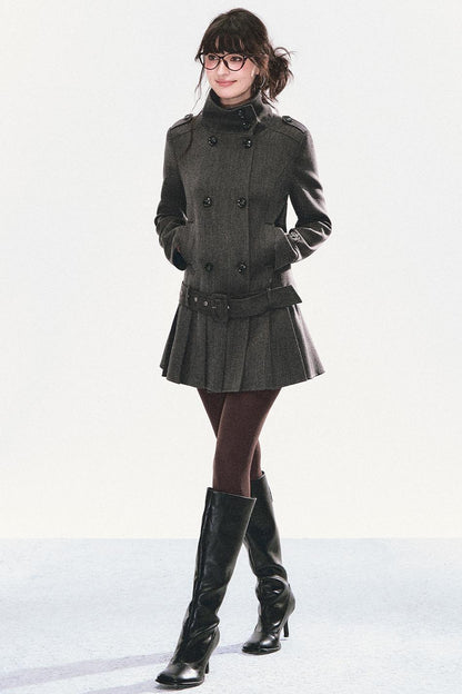 Stand Collar Pleated Coat Dress
