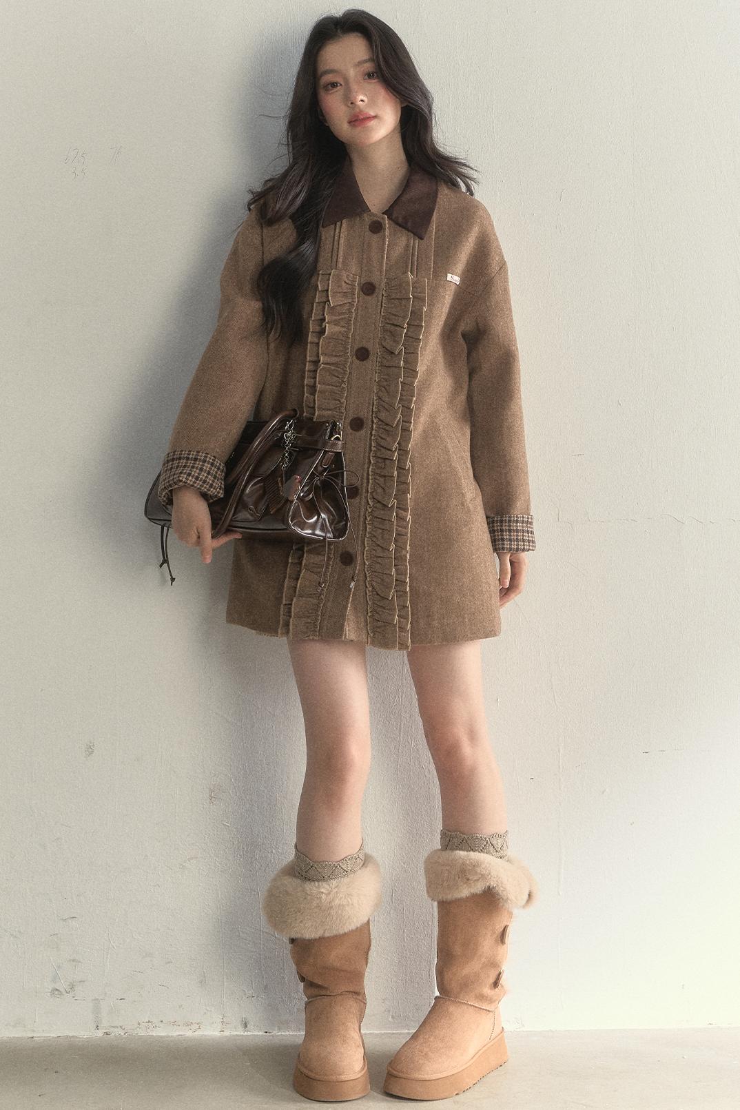 Vintage Khaki Houndstooth Wool Coat