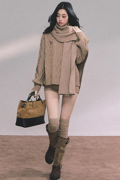 Winter Knitted Scarf Sweater Shorts Set-Up