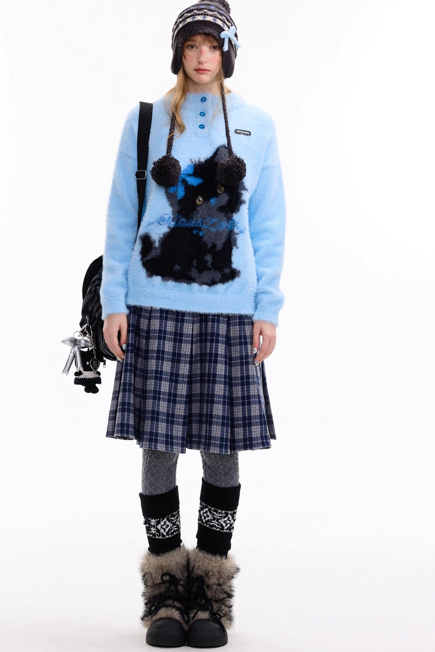 Blauer Katzendruck-Pullover