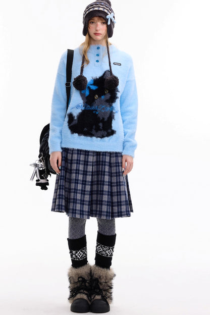 Blauer Katzendruck-Pullover