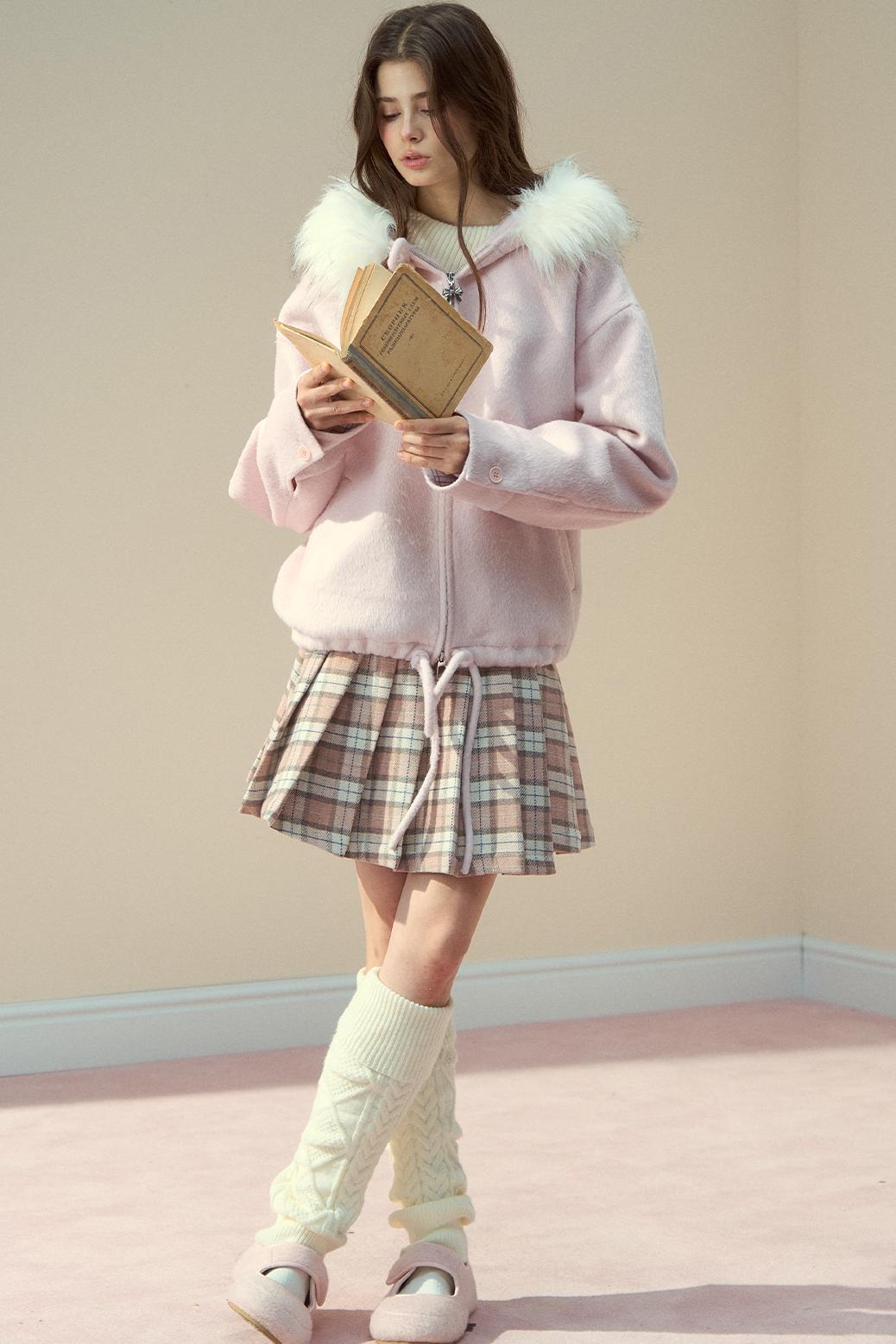 Gray Pink Wool Fur Collar Jacket