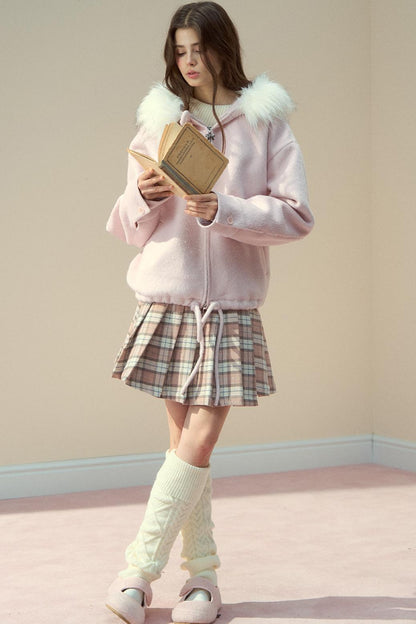 Gray Pink Wool Fur Collar Jacket