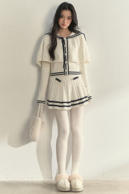 Vintage Navy Twist-Knit Cape Sweater Skirt Set-Up