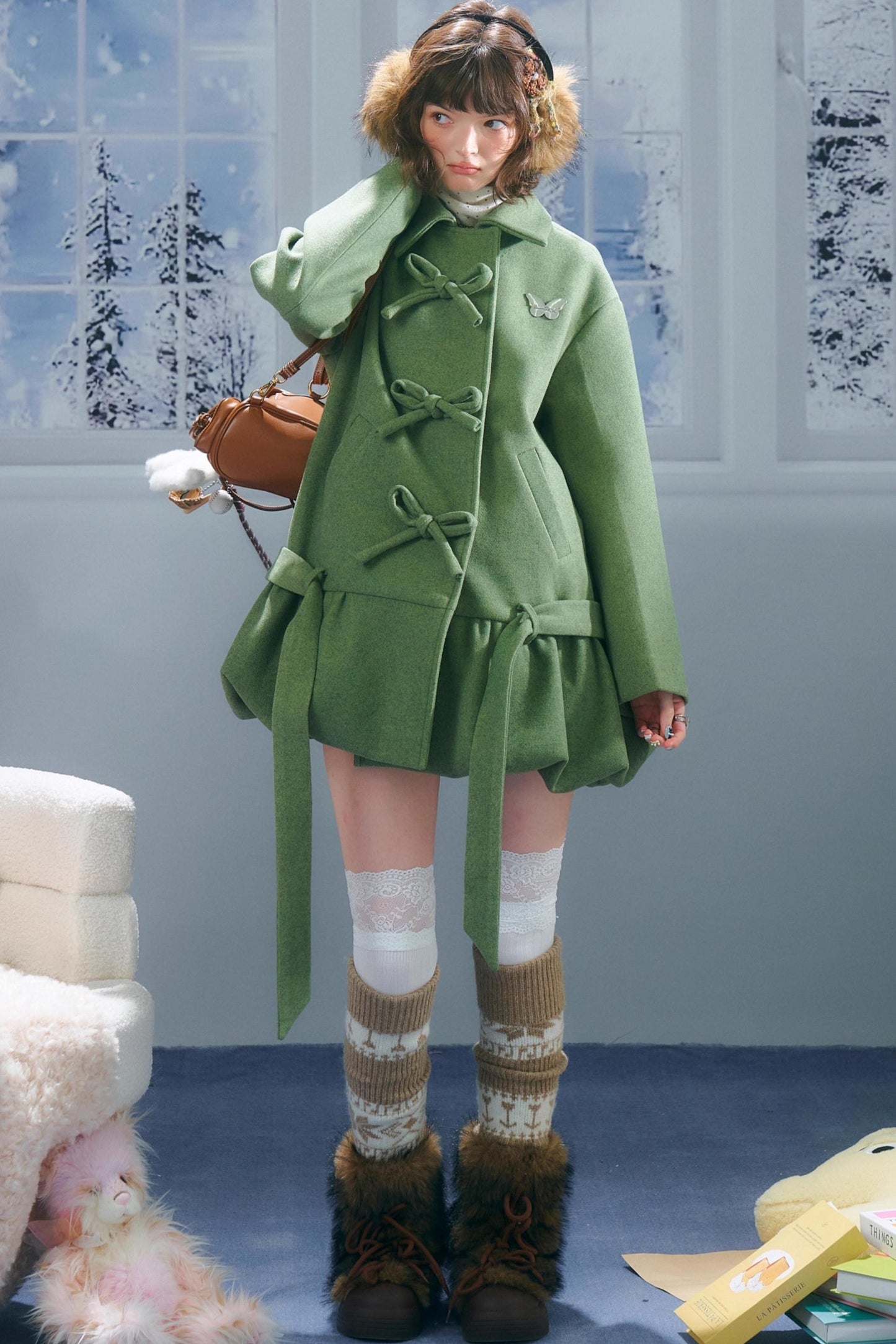 American Retro Bow Pocket Woolen Coat