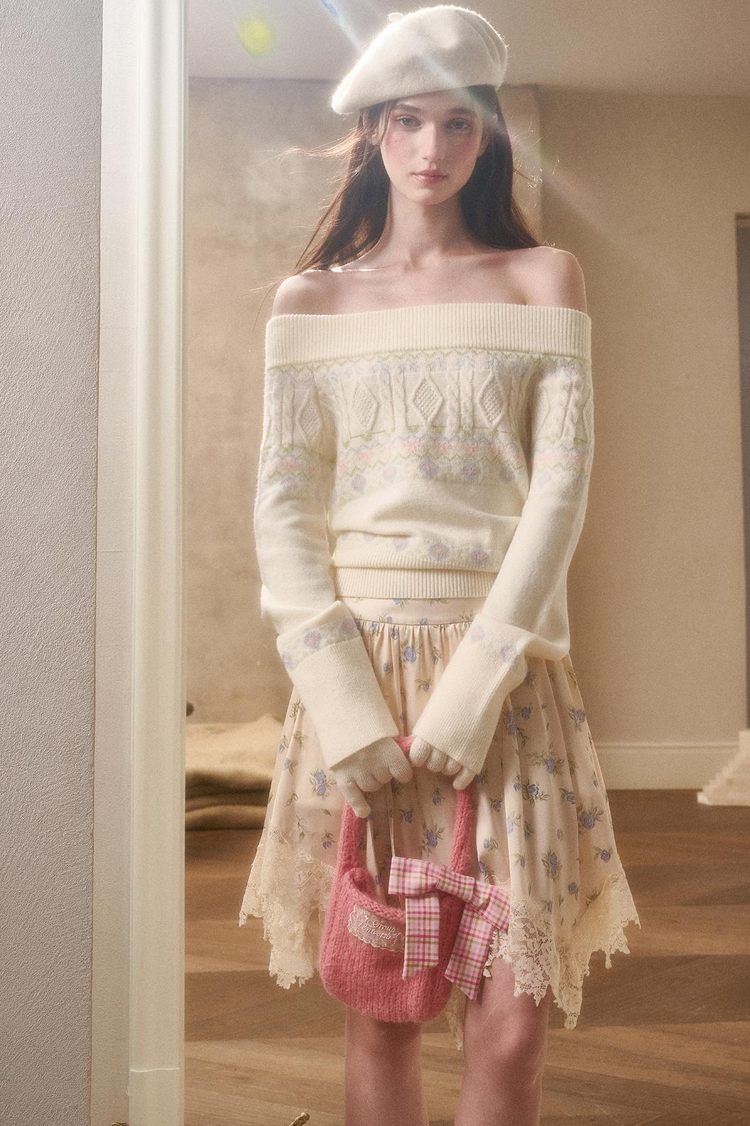 Waxy Cotton Sweater And Floral Skirt Set-Up