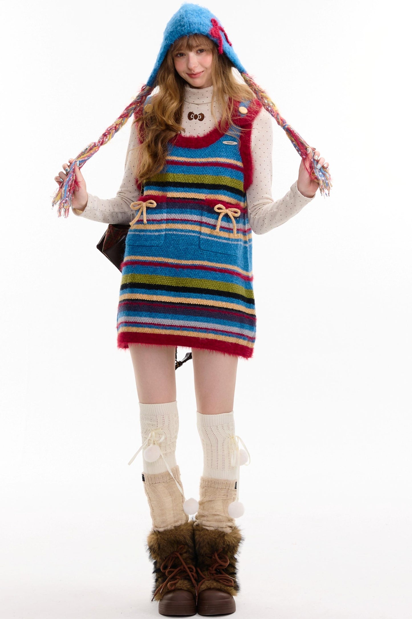 American Retro Striped Bow Knitted Vest Dress